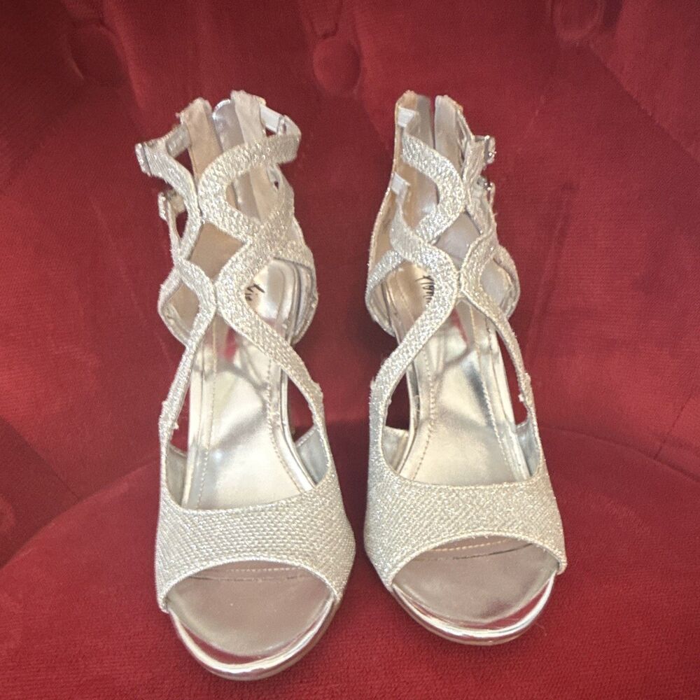 Fiona Nights Women's Silver Glitter Open Toe Heels Zip back Stiletto Sz 7 1/2
